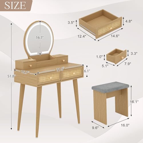 Brafab Small Vanity Desk with Stool for Bedroom, Boho Rattan Compact Makeup Vanity Table with 3 Modes Adjustable LED Mirror, 31" Space Saving Dressing Table Vanity Set, Natural Wood Brafab