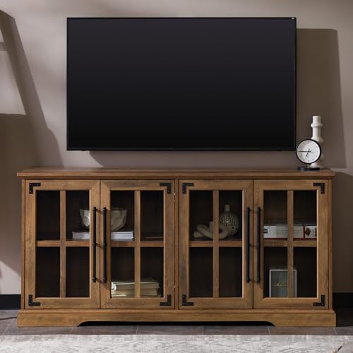 Walker Edison Farmhouse Barn Glass Door Wood Universal TV Stand for TV's up to 64" Flat Screen Living Room Storage Cabinet Doors and Shelves - WoodArtSupply