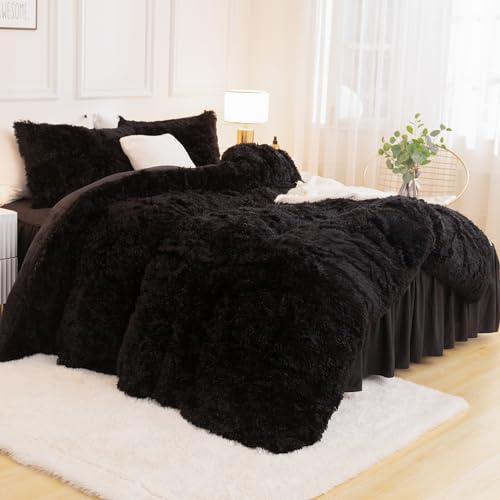 Andency Queen Comforter Set Black, Fluffy Winter Faux Fur Warm Soft Plush Bedding Comforter Set (1 Velvet Comforter & 2 Pillowcases), Fuzzy Thick Heavy Puffy Comforters Bed Set Andency