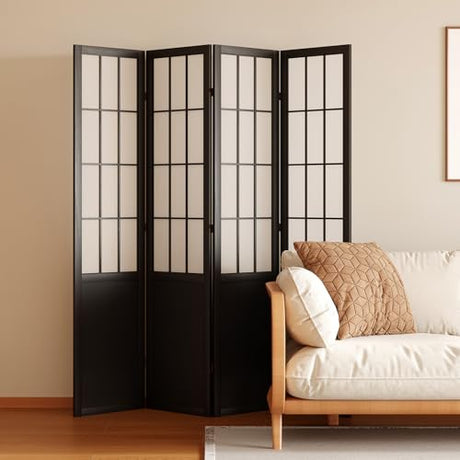 Room Divider, 66.9Inch Tall Japanese Shoji Style Folding Wood Screen with Double Hinges for Home Office Bedroom Hotel Decoration (4Panels, Black) Svimi