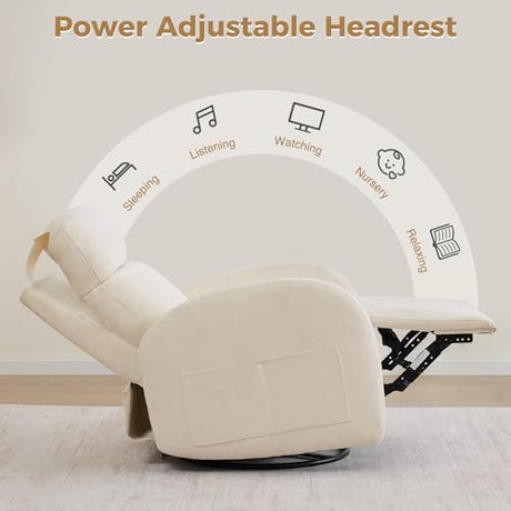 Dual Motors Power Recliner with Adjustable Headrest, Electric Swivel Rocker Recliner for Nursery, Glider Reclining Rocking Nursery Chairs for Small Space, Living Room, Bedroom, Chenille Cream White AEMEIOS