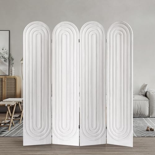 Aletheiawu Room Divider and Folding Privacy Screen 4 Panel Wood Arched Room Divider Wall, Separators Divider for Room Separation, Folding Portable Partition Screen for Home Office Bedroom (White) Aletheiawu