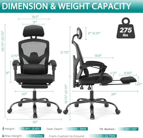 DUMOS Home Office Desk Chair with Footrest, High-Back Mesh Rolling Swivel Reclining Chairs with Wheels, Comfortable Headrest, Lumbar Support, Comfy Arms for Home, Office, Gaming, Student, Inky DUMOS