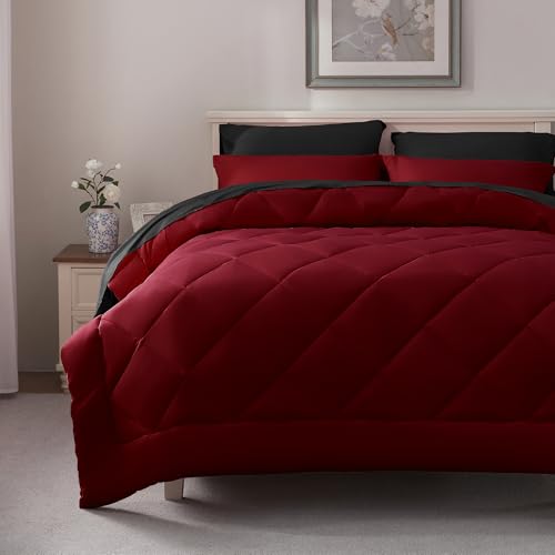 ELNIDO QUEEN® Queen Comforter Set 7 Pieces, Red and Black Bed in a Bag Queen Size, Bed Set All Seasons Bedding Sets with Reversible Comforter, Flat Sheet, Fitted Sheet, Pillowcases and Pillow Shams ELNIDO QUEEN