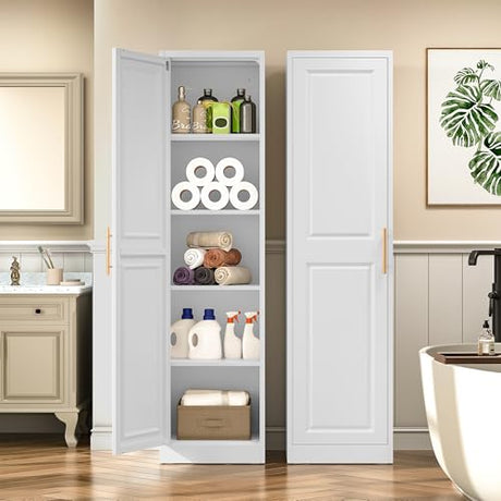 SISESOL 71" Tall Narrow Storage Cabinet with 1 Door and 5 Shelves,Slim Kitchen Pantry Cabinet,White Metal Bathroom Cabinets,Large Cupboard for Home,Kitchen,Laundry,Bathroom SISESOL