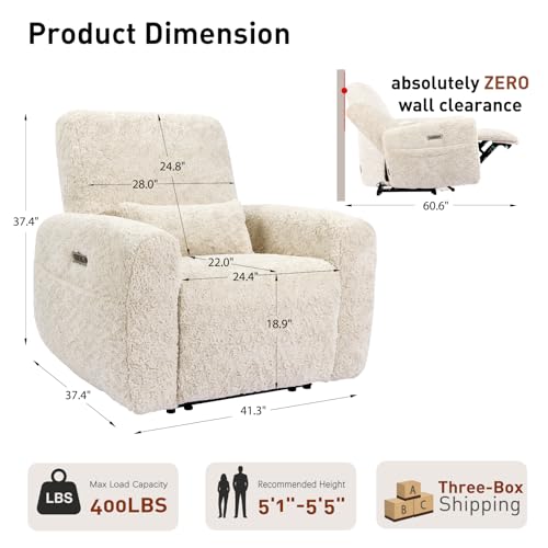 EONIX Real Zero Clearance Wall Hugger Power Recliners for Small Spaces, RV Recliner Chairs with Charging Ports and Side Pokects, 400lbs Heavy Duty, SXXY015, Plush Fabric, Beige