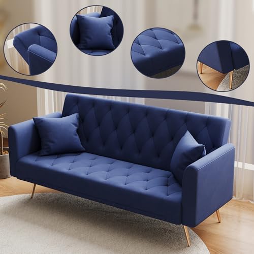 Anwick 72" Modern Velvet Sofa Bed Futon,Convertible Folding Sleeper Bed Couches with 3 Adjustable Backrests,Tufted Recliner Loveseat with Golden Chrome Legs for Small Living Room Office (Blue) Anwick
