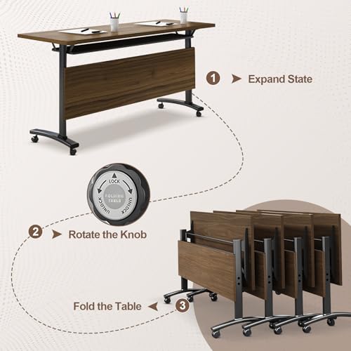 Folding Conference Room Table, Modern Conference Tables with Wheels, Large Rectangular Mobile Training Tables for Office Classroom, Foldable Modular Boardroom Seminar Table Walnut (4pack L63in) JNMDLAKO