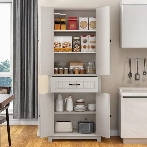 YITAHOME 72.6" H Farmhouse Kitchen Pantry Cabinet, Freestanding Tall Storage Cabinet with 4 Doors, Drawer and Adjustable Shelves, Tall Cupboard for Dining Room, Living Room, White Oak YITAHOME