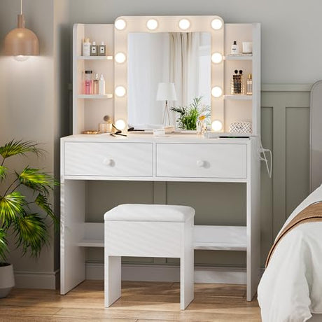 Haewon White Vanity Desk with Mirror and Lights, Makeup Vanity with 10 LED Bulbs and 3 Color Modes, Dressing Table Set with Power Outlets, Storage Drawers and Chair for Bedroom Haewon