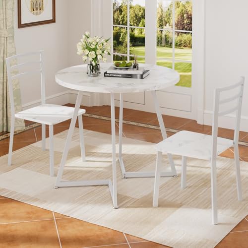 VECELO Small Round Dining Table Set for 2, Wood Tabletop with Strong Metal Frame, Modern Dinette with Chairs for Kitchen, Breakfast Nook Living Room, Faux Marbled & White VECELO