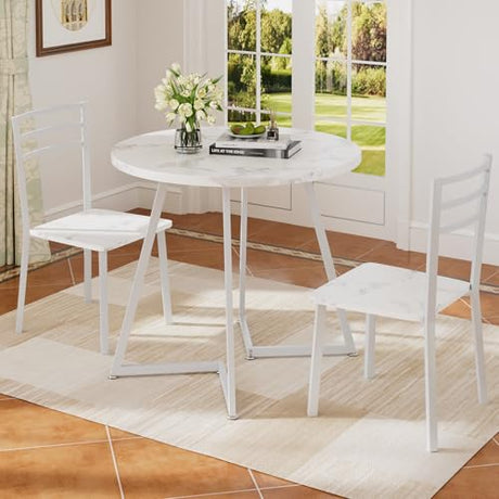 VECELO Small Round Dining Table Set for 2, Wood Tabletop with Strong Metal Frame, Modern Dinette with Chairs for Kitchen, Breakfast Nook Living Room, Faux Marbled & White VECELO