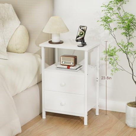 LOAKEKEL White Nightstand with Charging Station, End Table with 2 Fabric Drawers, Night Stand for Bedroom, Small Bed Side Table with USB Ports and Outlets for Living Room, HETS020WT-1 LOAKEKEL