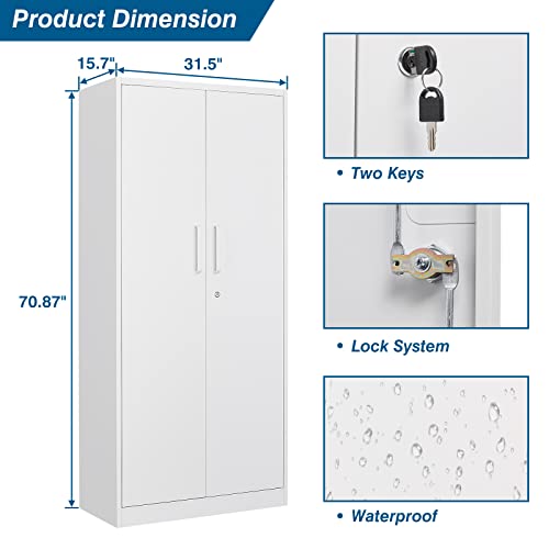 PEUKC Metal Garage Storage Cabinet, 71-inch Tall Storage Cabinet with Adjustable Shelves & Locking Doors, Tool Cabinets for Garage,Office,Home,School,Gym Storage (White) PEUKC