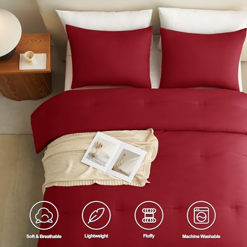 CozyLux King Size Comforter Set Dark Red, 3 Pieces Solid Breathable Quilted Style Bedding Sets, Luxury Fluffy Soft Bed Set with Down Alternative Comforter for All Season (1 Comforter & 2 Pillowcases)