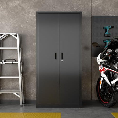 JAORD Lockable Garage Storage Cabinet with 5 Adjustable Shelves, 71" H Black Metal Storage Cabinet with 2 Pegboard Doos for Garage, Home, Assembly Required, Black JAORD