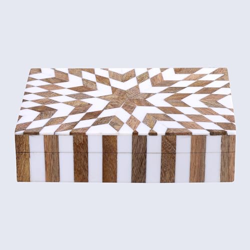 Handicrafts Home Handmade Decorative Storage Box with Lid, Wood & Resin Inlay Geometric Star Design, Coffee Table Storage Box, Remote Control Holder, Keepsake, Wooden Organizer for Home Decor- 8x5x2 Handicrafts Home