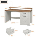 Vabches 47" Farmhouse Executive Desk with Monitor Stand & File Cabinet,3 Drawers Computer Desk with LED Lights and Power Outlets,Workstation for Home Office, Study,Writing.Unique White Vabches