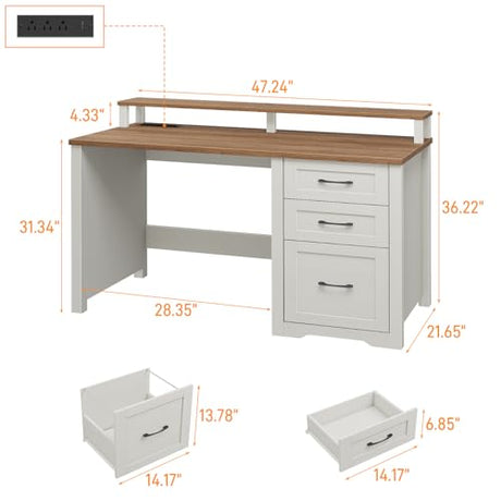Vabches 47" Farmhouse Executive Desk with Monitor Stand & File Cabinet,3 Drawers Computer Desk with LED Lights and Power Outlets,Workstation for Home Office, Study,Writing.Unique White Vabches