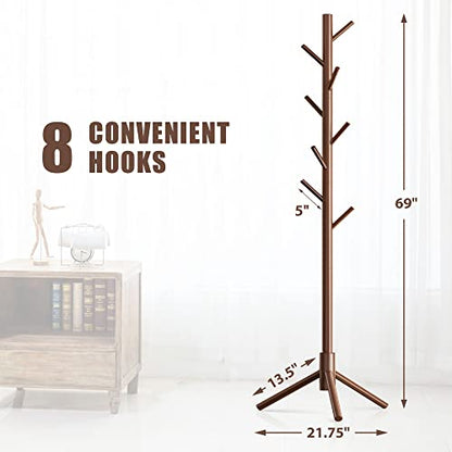 Haddockway Wooden Coat Rack Stand with 8 Hooks New Zealand Pine 3 Adjustable Coat Standing Tree Easy Assembly for Coats, Hats, Scarves and Handbags for Entryway, Hallway, Bedroom, Office