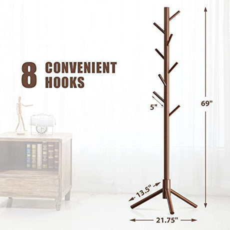 Haddockway Wooden Coat Rack Stand with 8 Hooks New Zealand Pine 3 Adjustable Coat Standing Tree Easy Assembly for Coats, Hats, Scarves and Handbags for Entryway, Hallway, Bedroom, Office Haddockway