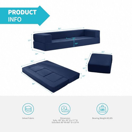 CECER 80" Convertible Floor Sofa Bed，Folding Sofa Bed with 3 Ottomans，Velvet Modular Sectional Futon Sleeper，Foldable Memory Foam Couch for Living Room/Guest Room/Playroom（Blue） CECER