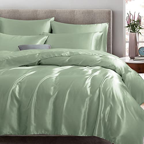 TREELY 6 Piece Queen Size Satin Sheets Set - Silky Smooth Sage Green With Deep Pocket, Fitted Sheet, Flat Sheet, 4 Pillowcases TREELY