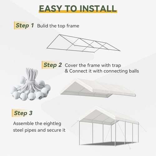 Aoxun 10x20 FT Carport Heavy Duty Car Canopy with Tarp & Wind Resistance Portable Garage Car Tent Outdoor Car Port with Tear Resistant Canopy, No Sidewall - Milky White Aoxun
