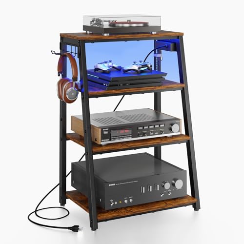 4-Tier AV Media Stand with Power Strips, Heavy Duty Stereo Cabinet Stand with LED Lights, Wooden Record Player Stand with 2 Hooks, Audio Stand Furniture Perfect for DVD Player/Game Console/TV Box/Xbox X-cosrack
