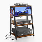 4-Tier AV Media Stand with Power Strips, Heavy Duty Stereo Cabinet Stand with LED Lights, Wooden Record Player Stand with 2 Hooks, Audio Stand Furniture Perfect for DVD Player/Game Console/TV Box/Xbox X-cosrack