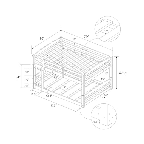 DHP Phoenix Convertible Low Wood Floor Bunk Bed, Stackable and Detachable Bed Frames for Kids, Solid Wood, with Ladder, High Guardrail, Wood Slats, No Boxspring Required, Full-Over-Full, Mocha DHP
