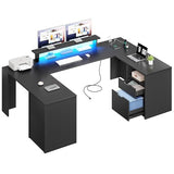 YITAHOME U Shaped Desk with Power Outlet & LED Lights, Computer Desk with Drawers, Wood Desk Home Office Desk with Monitor Stand & ５ Cubbies Storage Shelves, Black Carbon Fiber YITAHOME