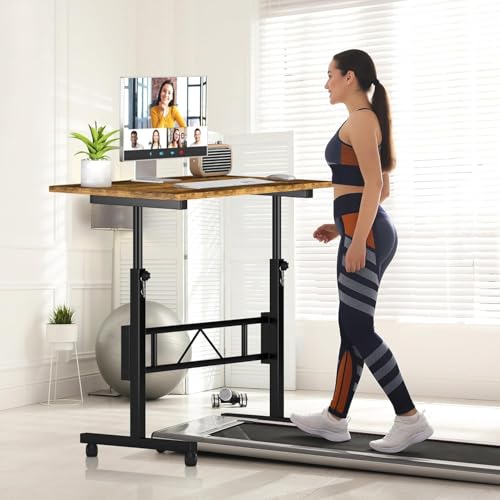 Klvied Small Standing Desk Adjustable Height, Mobile Table with Wheels, Portable Laptop Table, Standing Computer Desk for Walking Pad (Brown) Klvied