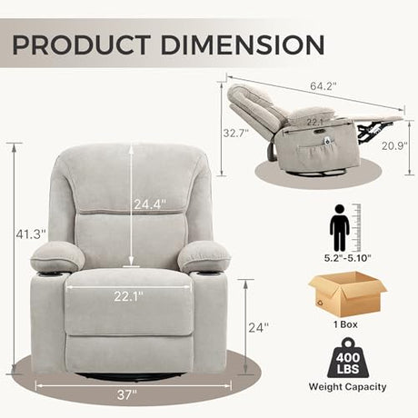 Recliner Chair Power Control, Nursery Reclining & Rocking Chair and Glider, Massage Swivel Living Room Furniture for Small Spaces, Bedroom, RVS, Lounge Sofa Chairs with USB & Type C Ports, Light Gray BRTHORY