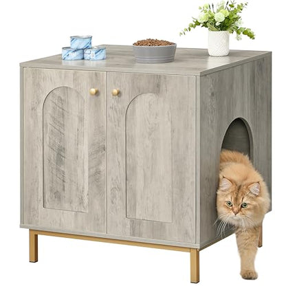 Hzuaneri Cat Litter Box Enclosure, Hidden Litter Box Furniture, Wooden Pet House Side End Table, Storage Cabinet Bench, Fit Most Cat and Litter Box, Living Room, Bedroom, Greige and Gold CB81205G