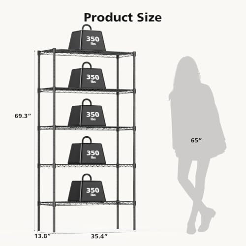 DUMOS 5 Tier Metal Wire Rack Shelf Heavy Duty Standing Shelves Adjustable Steel Closet Shelving Unit Organizers and Storage for Kitchen Bathroom Pantry Office, 13.78" D x 35.43" W x 69.29" H DUMOS