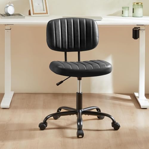Sweetcrispy Small Office Desk Chair - Armless PU Leather with Comfy Lumbar Support, Height Adjustable Rolling Swivel Task for No Arms, for Adult, Student, Bedroom, Home, Vanity, Black Sweetcrispy