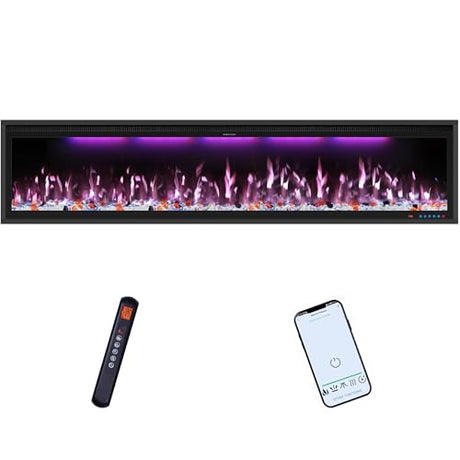 74" Smart Electric Fireplace Inserts,Slim Fireplace with APP Control & Remote Control& Touch Panel,13 Adjustable Flame Color&13 Fuel Bed Colors,750W/1500W,Black VINEMOUNT