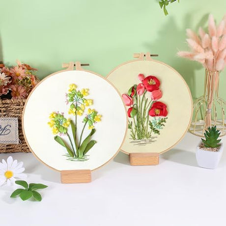 LOMOHOO 4 Sets Ribbon Flower Embroidery Kit for Beginners, Needlepoint Stamped Cross Stitch Starter Kits, Stitch Learning DIY Kit with Floral Pattern, Thread, Hoops, Colorful Ribbons Flower LOMOHOO