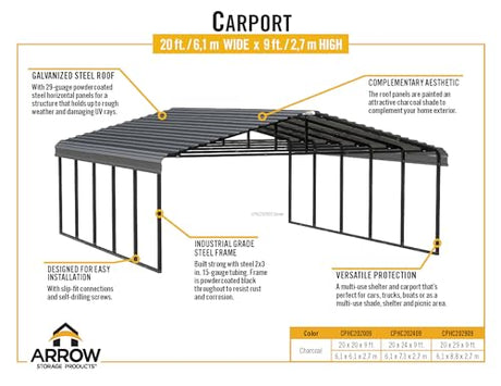 Arrow Carports Galvanized Steel Carport, Double Car Metal Carport Kit, 20' x 24' x 7', Charcoal Arrow