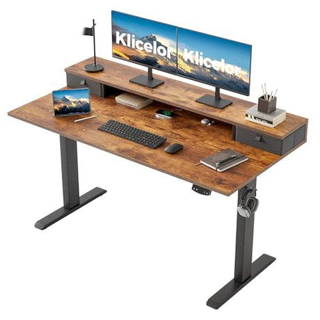 Klicelor 55 Inch Electric Standing Desk with Drawers, Adjustable Height Small Sit Stand Desk for Home Office, Compact Computer Workstation with Storage– Rustic Brown Klicelor
