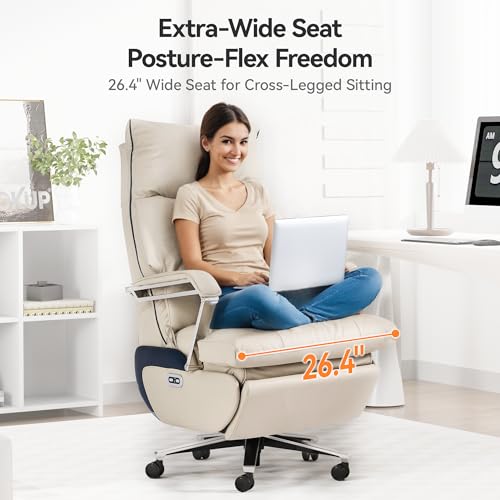 OKUP M80A Dual Motor Electric Executive Office Chair with Footrest, Comfortable Reclining Office Chair Wide Seat, Big and Tall Ergonomic Leather Home Office Desk Chair (Beige,No Massage) OKUP