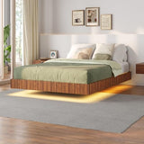 Tatub Walnut Full Floating Bed Frame with LED Lights, Fluted Mid Century Modern Floating Platform Bed with Heavy Duty Metal Slats, No Box Spring Needed Tatub