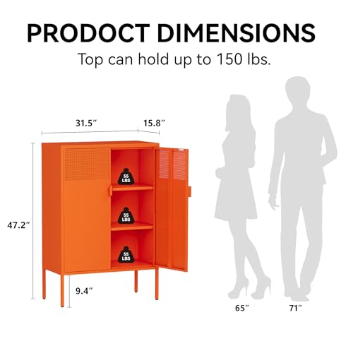 COFaR Orange Metal Storage Cabinet, 47”H Vibrant Coffee Bar & Buffet Sideboard with Adjustable Shelves, Fun Kitchen Organizer, Ventilated Steel Cabinet with Magnetic Doors for Dining Room, Office COFaR