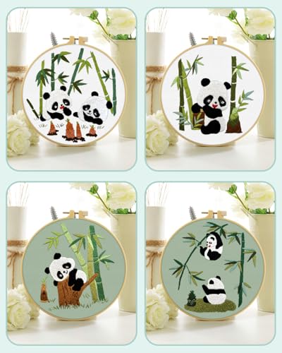 ERKOON 4 Sets Embroidery Kit for Beginners, Animal Cross Stitch Set for Adult Include Embroidery Cloth Hoops Threads for Craft Lover Hand Stitch (Panda) ERKOON