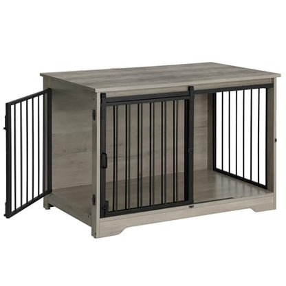 Hzuaneri Dog Crate Furniture, 39.4" Double Door Dog Crate with Barn Door, Dog Kennel Indoor, End Side Table Wooden Dog Crate for Small Medium Large Dog, Anti-Chew Anti-Escape, Greige - WoodArtSupply