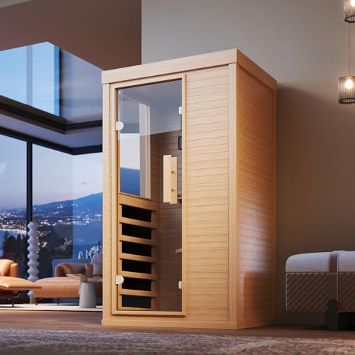 SunSwell Wood Infrared Sauna, 1 Person Traditional Red Light Sauna, Canadian Hemlock Indoor Dry Sauna Spa Room for Low EMF with Bluetooth Speakers and Control Panel, 32.67"x 27.55"x 59.44" SunSwell