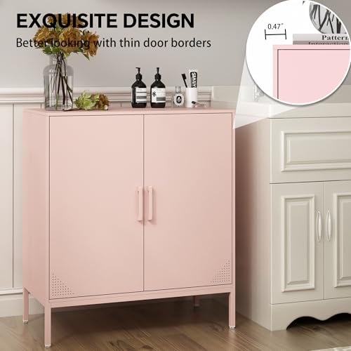 Steehoom Metal Storage Cabinet with 2 Doors, Steel Buffet Sideboard Entryway Locker Cabinet Kitchen Cupboard for Living Room, Dining Room, Kitchen, Office, Bar (Pink, 31.5" D x 15.75" W x 35.43" H) Steehoom