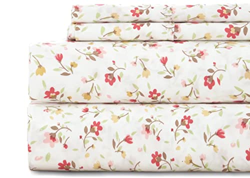 Twin Bed Sheet Set 3PC Printed Red Cute Flower Sheet Pattern Cooling Brushed Microfiber Deep Pocket Floral Sheets Set Luxury, Soft, Breathable, Hypoallergenic, Wrinkle Free Single Bedding for Kids KACEMOO