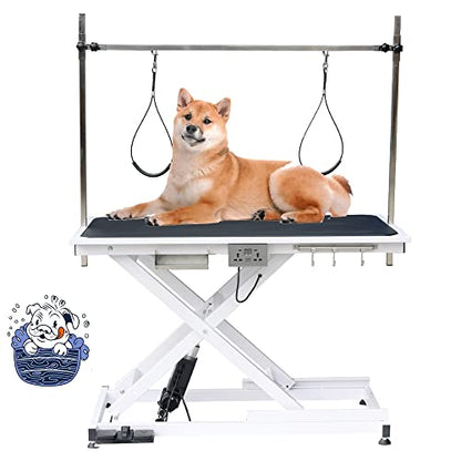 Lucky Pet Electric Lift Pet Grooming Table, Heavy Duty Pet Trimming Table, Professional X-Type Electric Lift for Large Dogs, with Overhead Arm, Clamps, Two Grooming Noose, 50 inch / Black